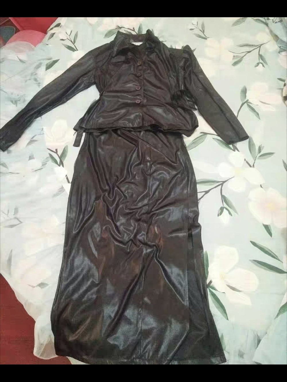 Black Faux Leather Two-Piece Skirt Set